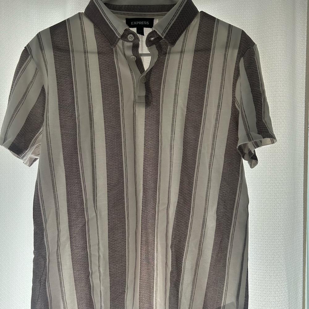 Express Men's Casual Button Down Shirt - Brown and beige  Stripes